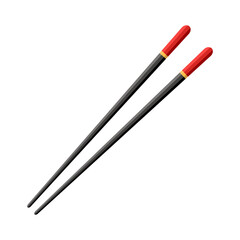 Chopstick for chinese sushi, japan hashi. Wooden black chop stick with red strip isolated on white background. Japanese, asian cuisine in restaurant. Traditional bamboo stick for fish, noodle. Vector