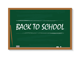 Board for school. Chalkboard in class. Green blackboard with chalk. Square with frame for teacher, kids, education. Concept of back to school. Wooden background for classroom, text, learning. Vector