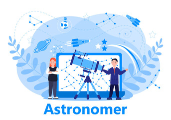 Astronomer or astrologer concept vector. Online conference, remote or distance education for web, app, banner. Scientists explore the starry sky in Observatory.