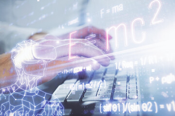 Science formula hologram with man working on computer on background. Education concept. Double exposure.