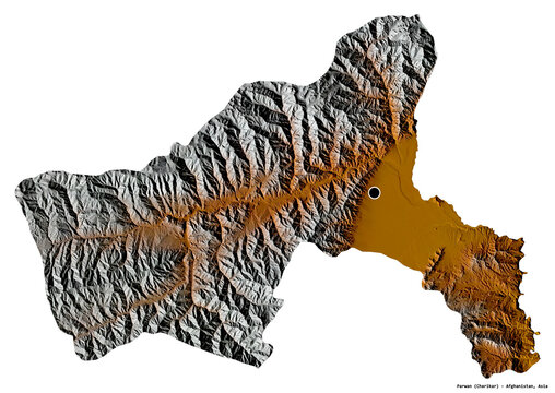 Parwan, province of Afghanistan, on white. Relief