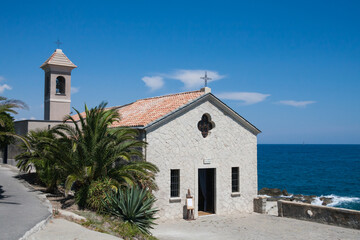 Scenic view of the church of Sant'Ampelio on the Mediterranean sea in Bordighera, Liguria, Italy