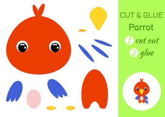 Cut and glue baby parrot. Education developing worksheet. Color paper game for preschool children. Cut parts of image and glue on paper. Cartoon character. Colorful vector stock illustration.