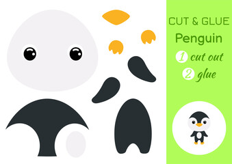 Cut and glue baby penguin. Education developing worksheet. Color paper game for preschool children. Cut parts of image and glue on paper. Cartoon character. Colorful vector stock illustration.