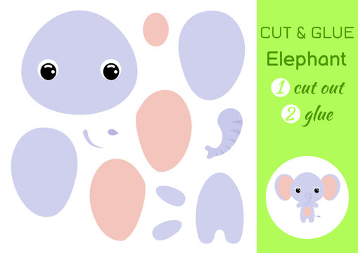 Cut and glue baby elephant. Education developing worksheet. Color paper game for preschool children. Cut parts of image and glue on paper. Cartoon character. Colorful vector stock illustration.