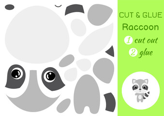 Cut and glue baby raccoon. Education developing worksheet. Color paper game for preschool children. Cut parts of image and glue on paper. Cartoon character. Colorful vector stock illustration.