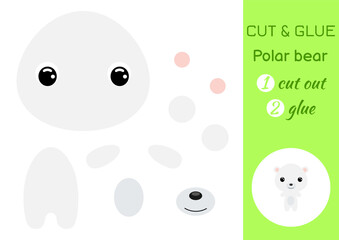 Cut and glue baby polar bear. Education developing worksheet. Color paper game for preschool children. Cut parts of image and glue on paper. Cartoon character. Colorful vector stock illustration.