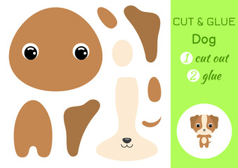Cut and glue baby dog. Education developing worksheet. Color paper game for preschool children. Cut parts of image and glue on paper. Cartoon character. Colorful vector stock illustration.
