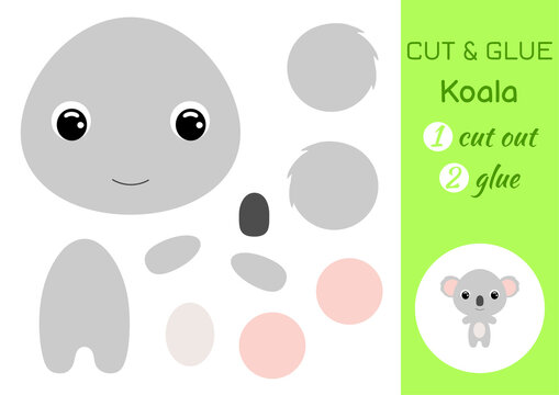 Cut and glue baby koala. Education developing worksheet. Color paper game for preschool children. Cut parts of image and glue on paper. Cartoon character. Colorful vector stock illustration.