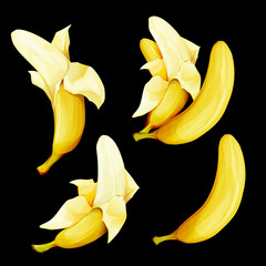 Banana abstract illustration. Set of four fruit isolated onblack. Can be used in different ways of design, appearance, cover, etc. Vector - stock.