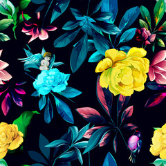 Obrazy na Szkle  Bezszwowe tło kwiatowy wzór. Aniołek z kwiatami, piwoniami i liśćmi na czarno. Stylizowany wzór na tekstylia, tkaniny i inne nadruki. Ręcznie rysowane wektor - czas.