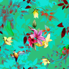 Fototapeta na wymiar Seamless floral background pattern. Abstract flowers with branches, sakura and banana behind on green. Pattern for textile, fabric and other prints purpose. Hand drawn artwork, vector.
