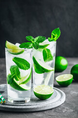 Mojito cocktail with ice, fresh mint and lime in glass on dark stone background.