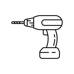 Power screwdriver icon. Linear logo of hand drilling machine. Black simple illustration of professional tool, perforator. Contour isolated vector emblem on white background