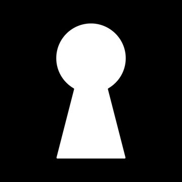White keyhole on black background. Mysterious door lock. Look into safe gap. Vector