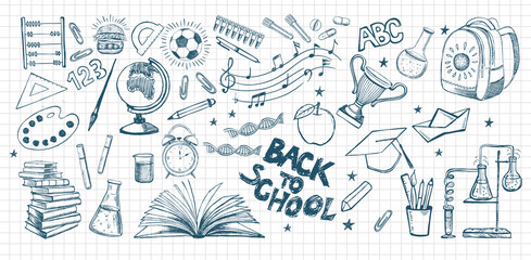 Back To School. Hand Drawn Doodle illustration. Vector Set.