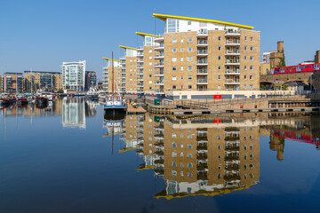 Waterside apartments at Limehouse Basin Marina in London