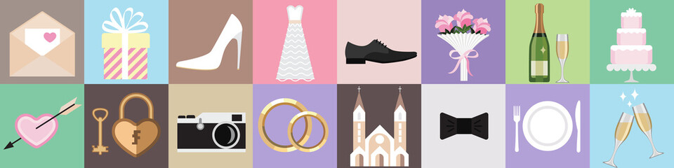 Fototapeta premium set of wedding symbols in the form of a square, sixteen pieces.