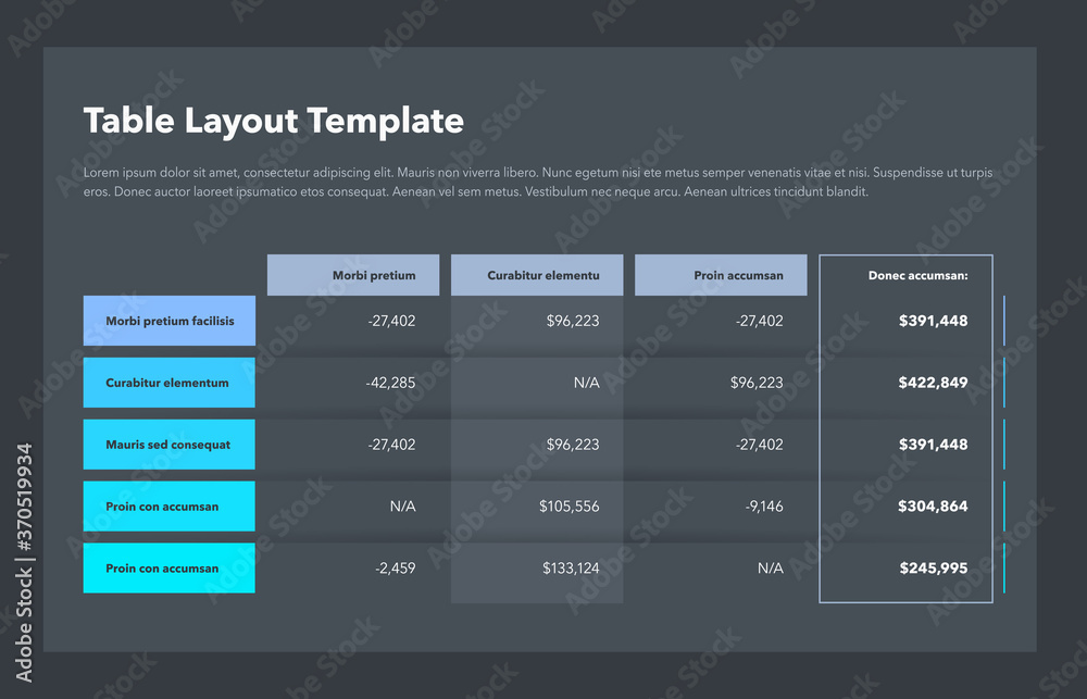 Wall mural Modern business table layout template with the total sum column and place for your content - dark version. Flat design, easy to use for your website or presentation.