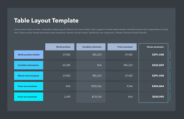 Modern business table layout template with the total sum column and place for your content - dark version. Flat design, easy to use for your website or presentation.