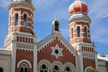 The Great Synagogue in Plzen, the second largest synagogue in Europe. Front side facade of the Jewish religious building with onion domes, Pilsen, Western Bohemia, Czech Republic
