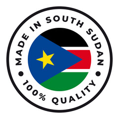 Vector circle symbol. Text Made in South Sudan with flag. Isolated on white background.