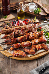 Assorted caucasian shashlyq skewers and kebabs