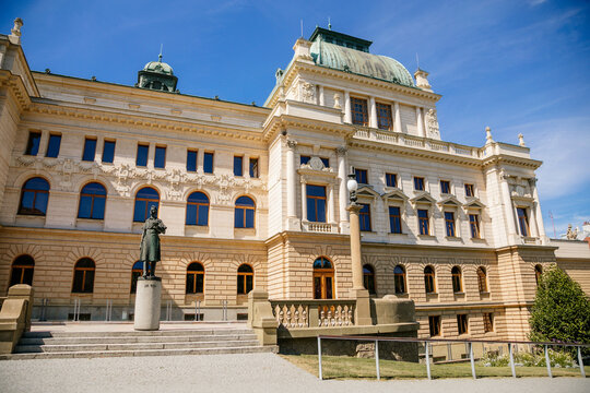 The historical building of the J.K. Tyl Theatre in Plzen. House built in the neo-renaissance architectural style with art nouveau elements. Statue of J. K. Tyl. Pilsen, Western Bohemia, Czech Republic