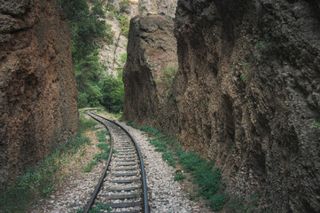 Fototapeta na wymiar Odontotos track railway Diakopto – Kalavrita through the Vouraikos Gorge at the northern Peloponnese, Greece