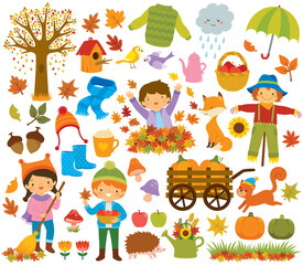 Obraz na płótnie Canvas Autumn clipart set with kids, autumn leaves, forest animals and other symbols of fall.