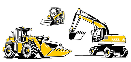 Vector illustrations of construction equipment. Bulldozer, excavator, compact baggier. Icon style, flat two colors illustrations. © StanMikov 
