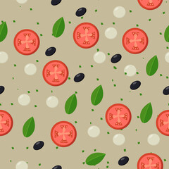 Seamless pattern of Greek salad with tomatoes, olives, seasoning, mozzarella, lettuce leaves.