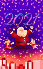 Happy New year illustration with 2021 numbers, Santa Claus, boy elf in red costume, bull mascot cartoon characters celebrating on night shining background. Vector congratulation card, party invitation