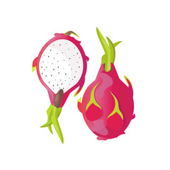 Whole and halved dragonfruit pitaya isolated on white background.