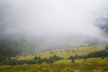 Wonderful and amazing landscape, foggy and misty mountain view in Svaneti, Georgia