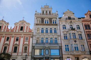 Fototapeta na wymiar Colorful renaissance historical buildings in the main Republic square of Plzen in sunny day. Pilsen, Western Bohemia, Czech Republic