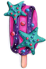 ice cream food sweets travel turquoise purple sea travel hand drawing illustration cartoon