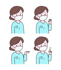 손으로 여러가지 제스쳐를 취하는 간호사.