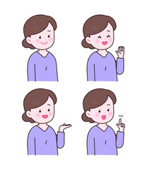 손으로 여러가지 제스쳐를 취하는 중년여성.