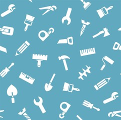 Hand tool, construction, seamless pattern, blue. White icons on a blue field. Color flat background. Vector.  