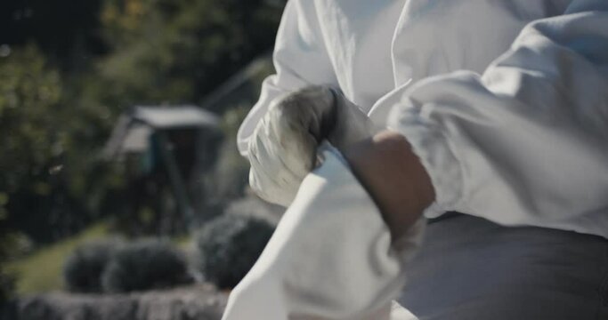 Young beekeeper put on protective gloves for protection before work at bee house apiary with apis mellifera carnica flying unrecognizable slow motion close up