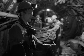 Silhouette of a working miner in a mine