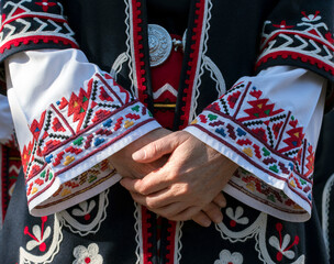 Elements of traditional Bulgarian folk costume with embroidery. A Female singer from Trakia folk...
