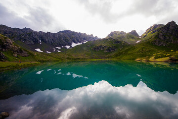 Alpine mountain lake landscape and view, blue beautiful and amazing lake panorama