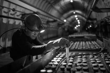 Silhouette of a working miner in a mine