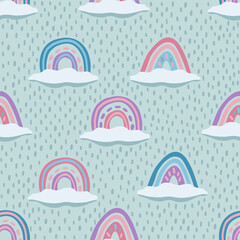 Seamless pattern with rainbows, clouds and rain. Autumn weather. Fall weather. Сhildren's style. Kid's style.