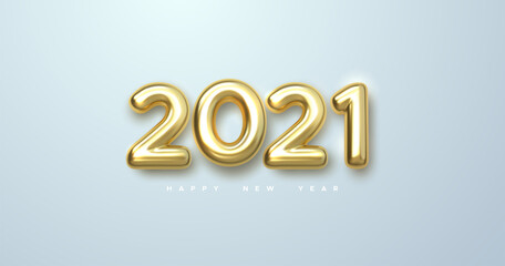 Happy New 2021 Year. Holiday vector illustration of golden metallic numbers 2021. Realistic 3d sign. Festive poster or banner design