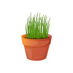 Pot with grass for cats in cartoon style.