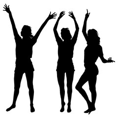 Three versions of a young long-legged girl isolated on white, different poses, a tall, slender, graceful woman standing with her hands up, vector illustration, 3 sports dance exercises.