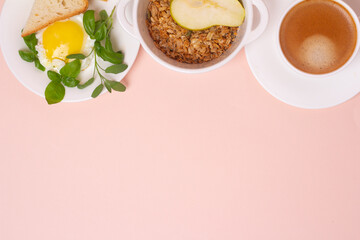 scrambled eggs with toast, granola and black coffee.